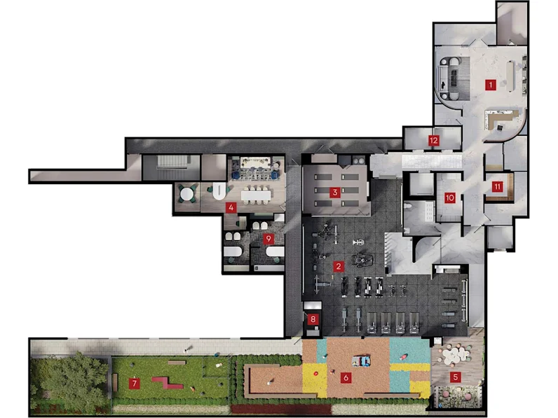 Ground floor amenity plan of 6080 Yonge St. displaying layout of shared facilities and spaces