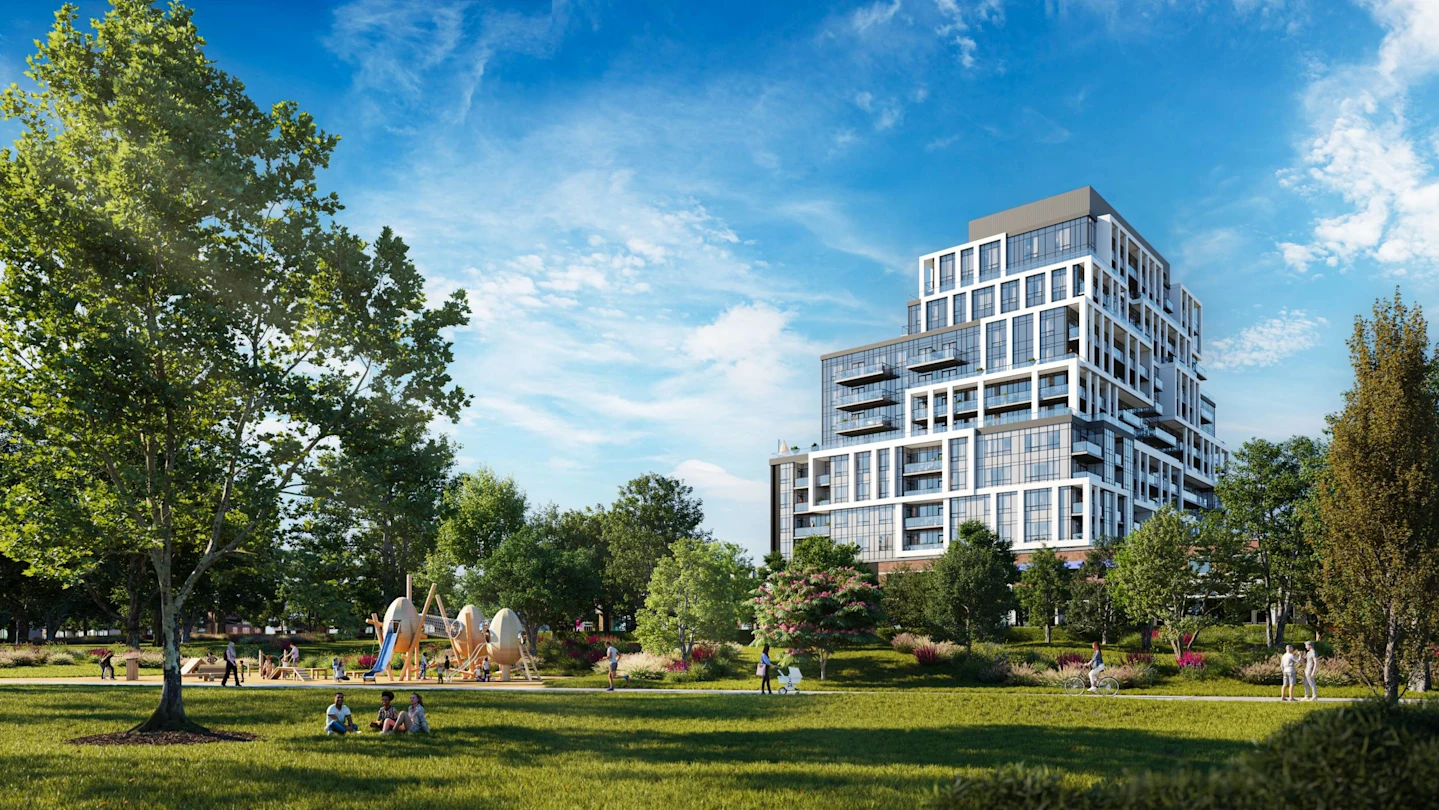 VR-rendered exterior view of 6080 Yonge St. showing park space and modern condo design